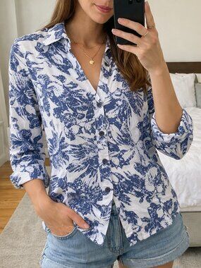 Harve Benard Linen Cotton Button Shirt Blue White Floral Women's L 3/4 sleeve